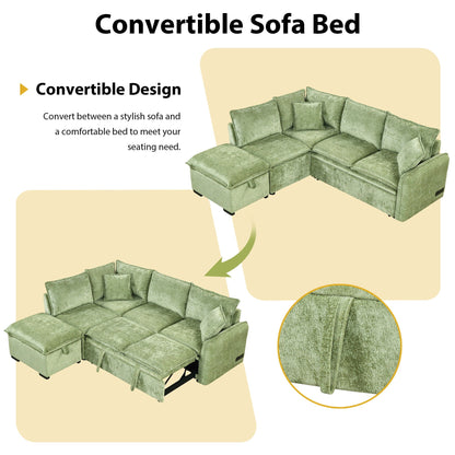 HouseOfZazla convertible sleeper sectional in green velvet with storage ottoman and two pillows on Tampa Home & Garden Store