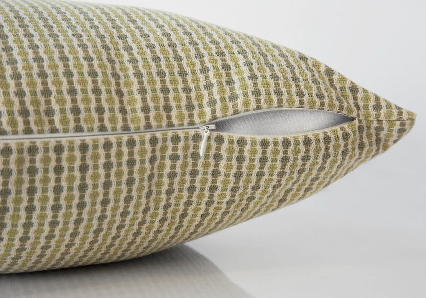 Square decorative throw pillow with green, tan and blue woven pattern, insert included on Tampa Home & Garden Store