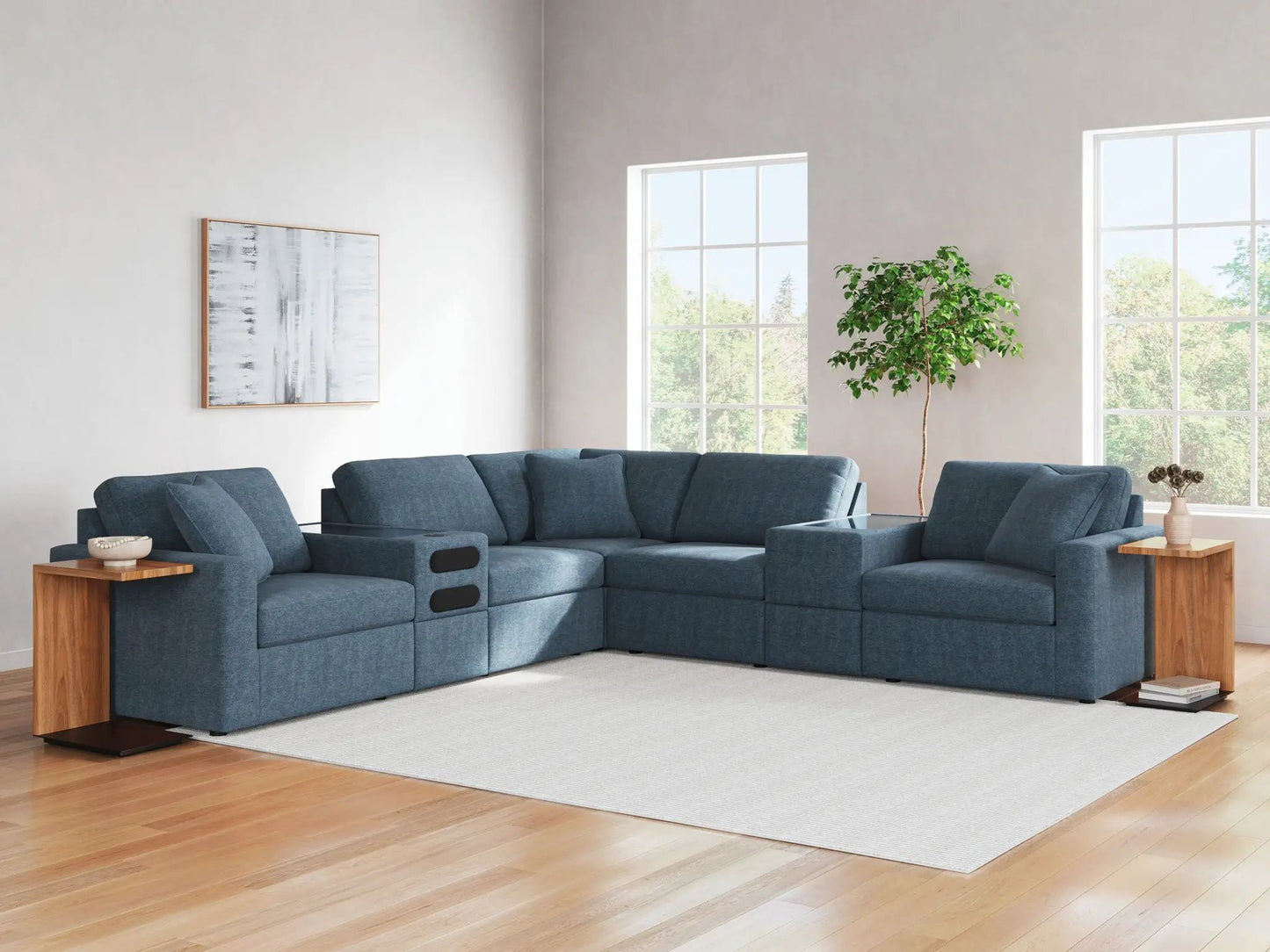 Modmax Ink blue fabric sectional sofa with chaise L-shaped wood end tables on Tampa Home & Garden Store