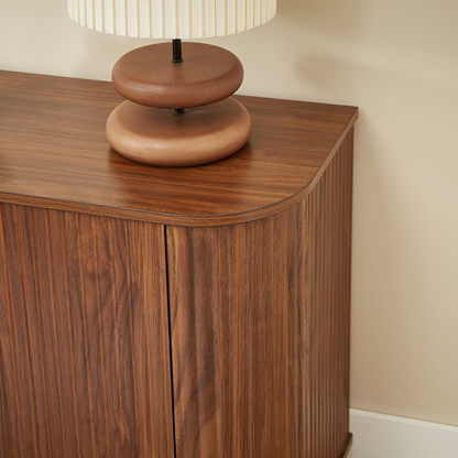 Sideboard storage cabinet TV stand with wave pattern in walnut veneer curved front and lamp on Tampa Home & Garden Store