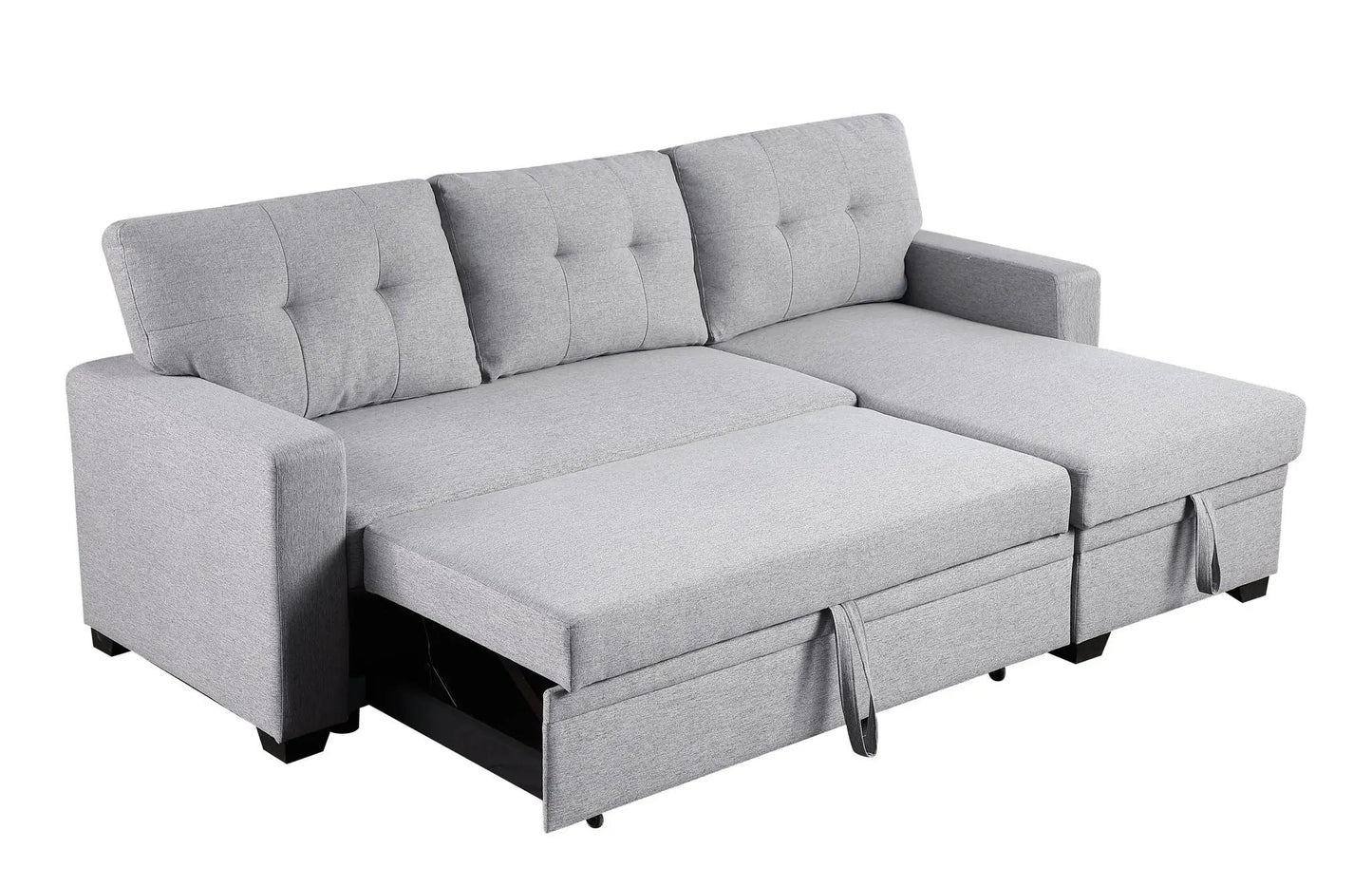 Upholstered pull-out sectional sofa with chaise in light gray fabric, tufted back cushions on Tampa Home & Garden Store