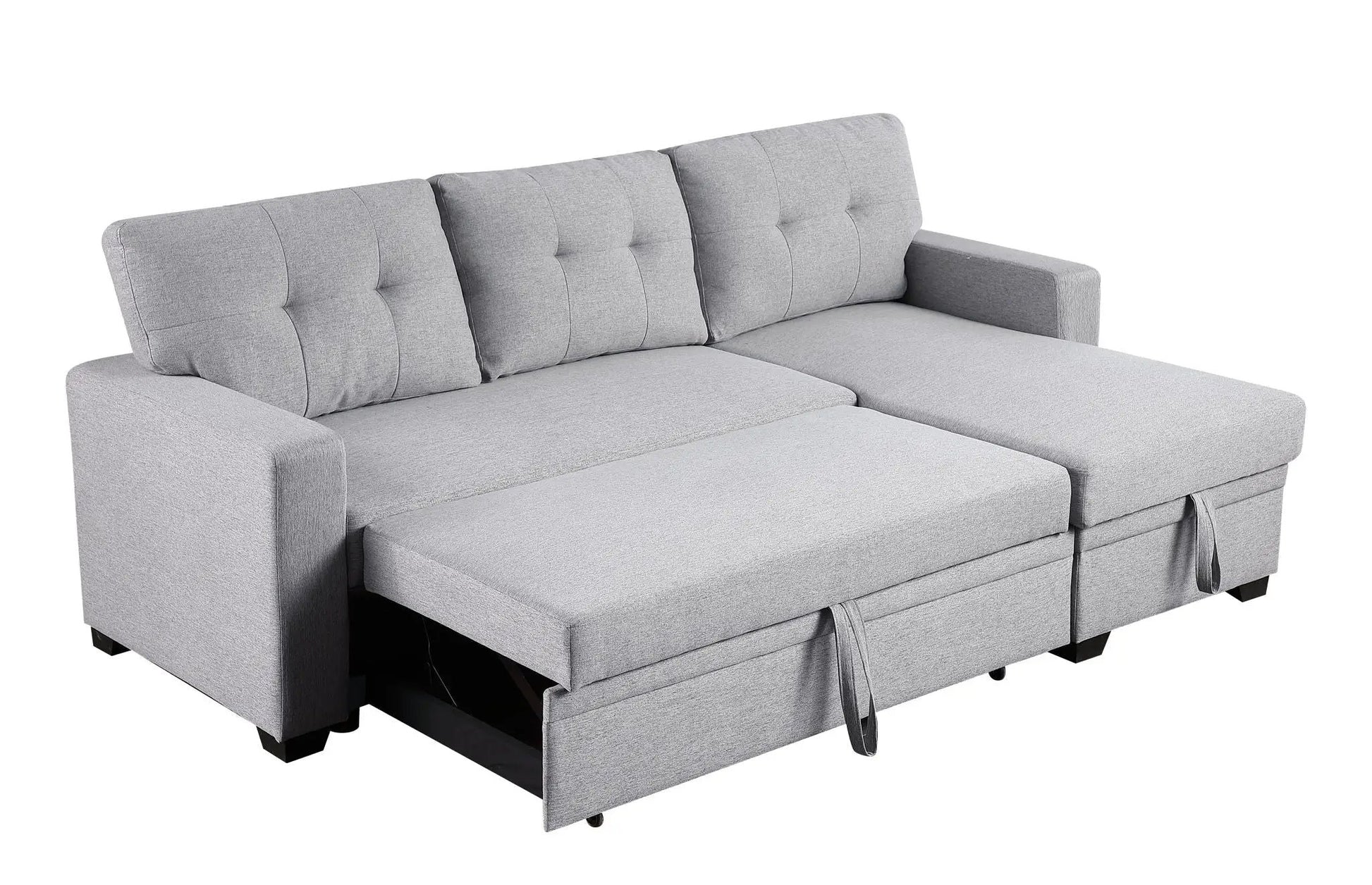 Upholstered pull-out sectional sofa with chaise in light gray fabric, tufted back cushions on Tampa Home & Garden Store