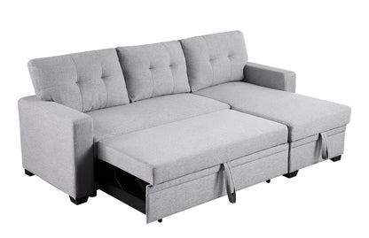 Upholstered pull-out sectional sofa with chaise in light gray fabric, tufted back cushions on Tampa Home & Garden Store