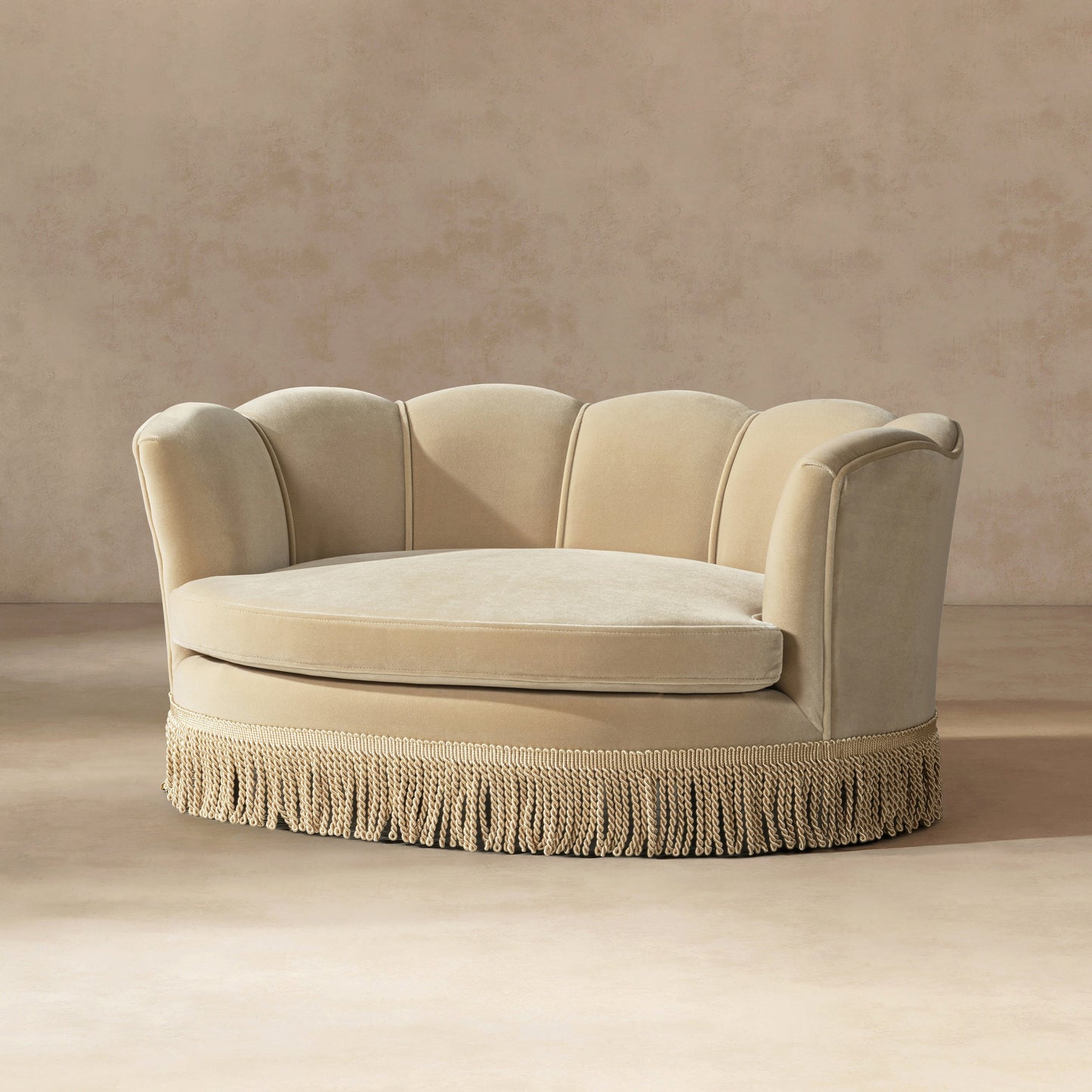 Clara 34.5in scalloped pet sofa bed, medium, fawn with fringed base by HouseOfZazla on Tampa Home & Garden Store