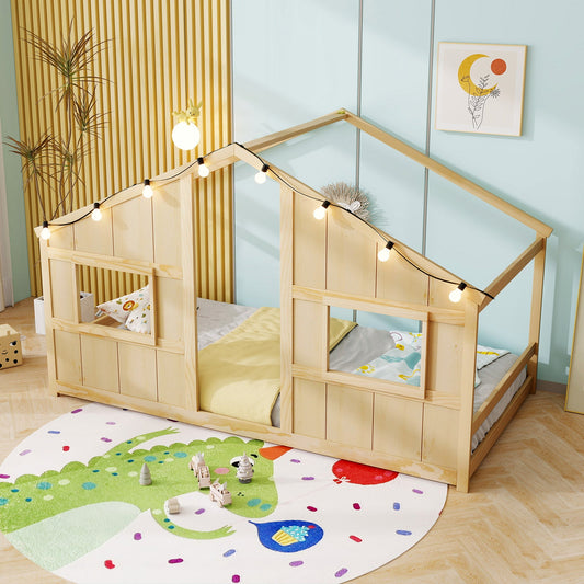 Twin Size House Bed with LED Lights Montessori Slat-free Floor Bed - Tampa Home & Garden Store