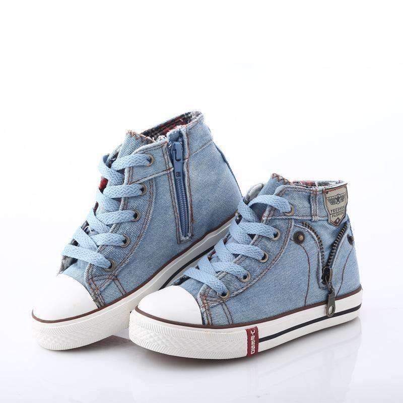 Kids denim high-top sneakers Stevvex blue with side zipper, lace-up, white toe cap on Tampa Home & Garden Store