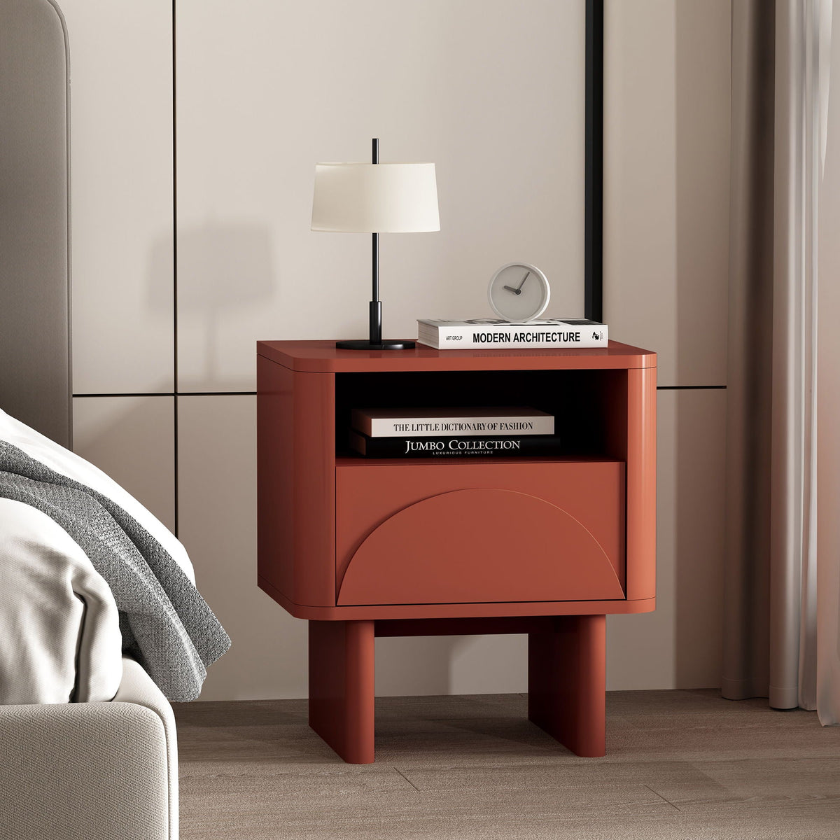 Modern Accent Nightstand with Drawer and Shelf in orange-red with a white lamp and books on Tampa Home & Garden Store