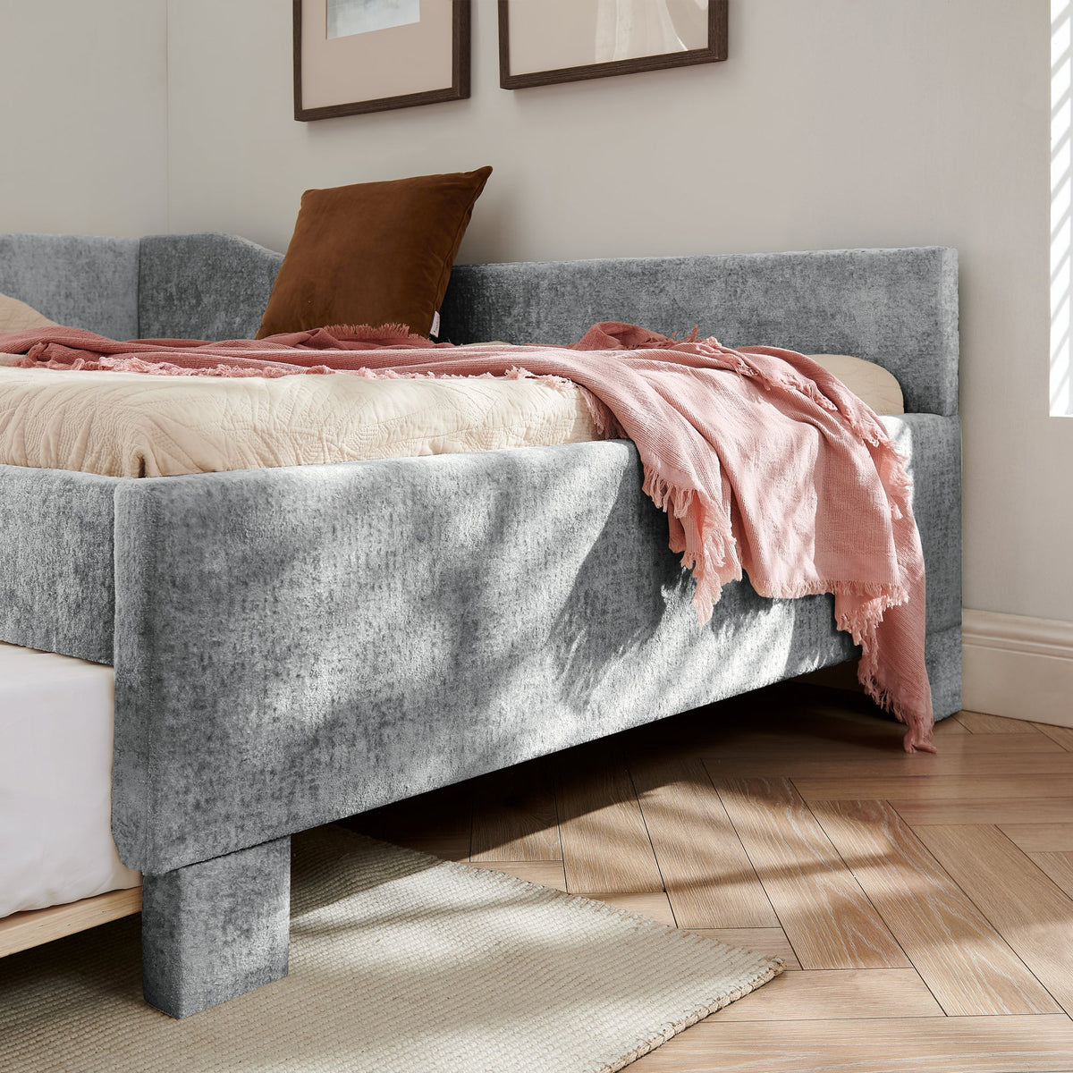 Full Size Curved Round Edge Padded Backrest Daybed in grey velvet with pillow by HouseOfZazla on Tampa Home & Garden Store