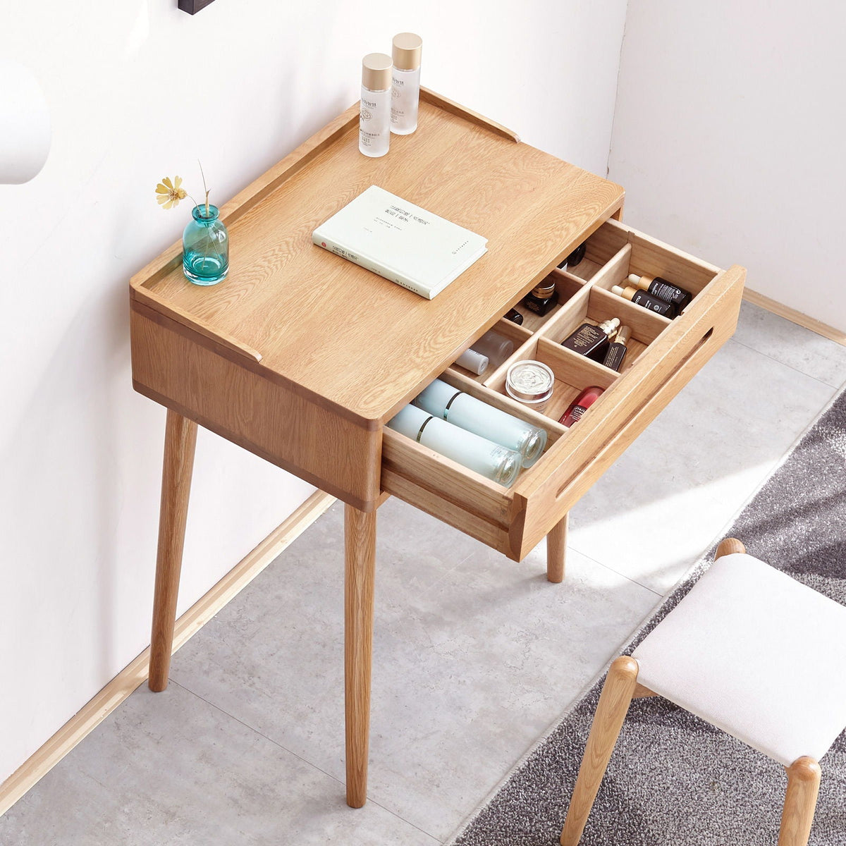 Oak vanity desk with storage drawer in light brown oak with open makeup compartments on Tampa Home & Garden Store
