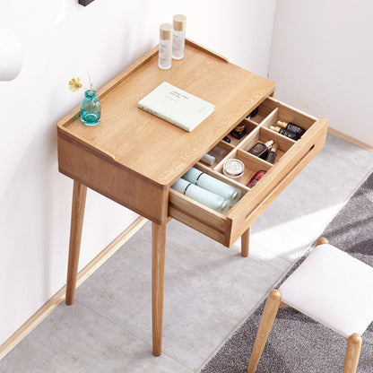 Oak vanity desk with storage drawer in light brown oak with open makeup compartments on Tampa Home & Garden Store