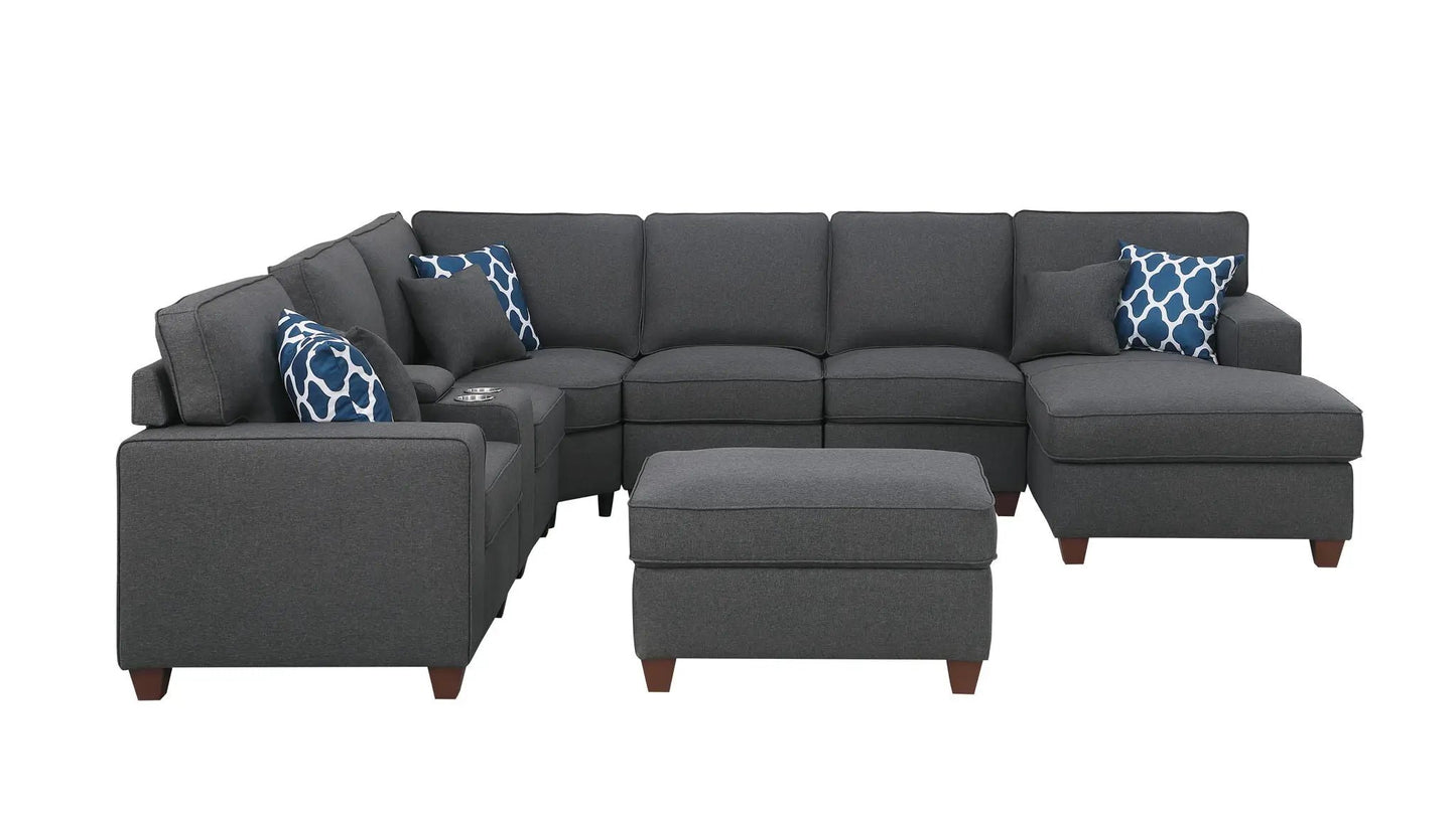 Tina 8-Piece Upholstered Sectional Ottoman fabric modular L-shaped sofa with blue pillows on Tampa Home & Garden Store
