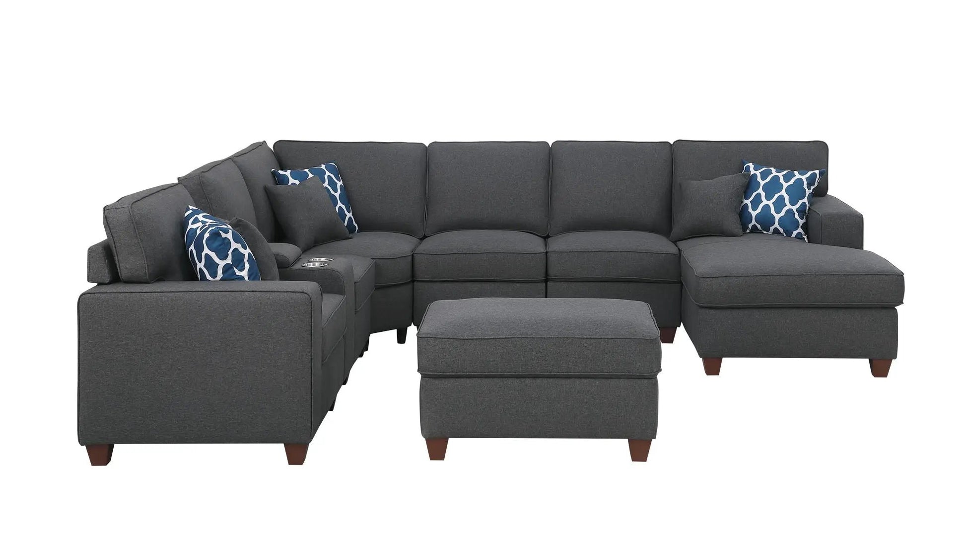 Tina 8-Piece Upholstered Sectional Ottoman fabric modular L-shaped sofa with blue pillows on Tampa Home & Garden Store