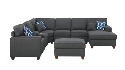 Tina 8-Piece Upholstered Sectional Ottoman fabric modular L-shaped sofa with blue pillows on Tampa Home & Garden Store