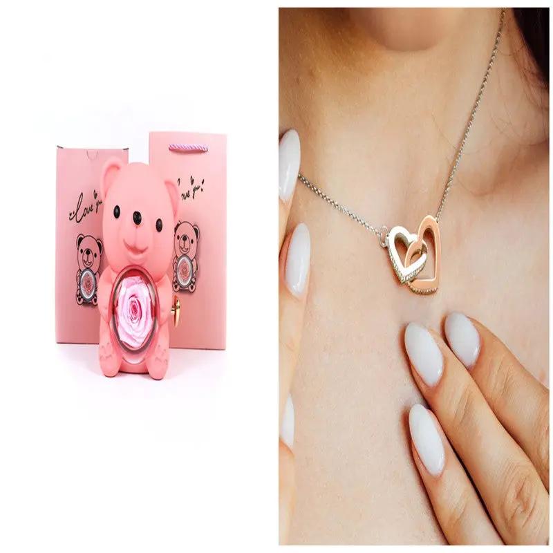 Eternal rose teddy bear gift set (2 items) pink bear with rose box and heart necklace on Tampa Home & Garden Store