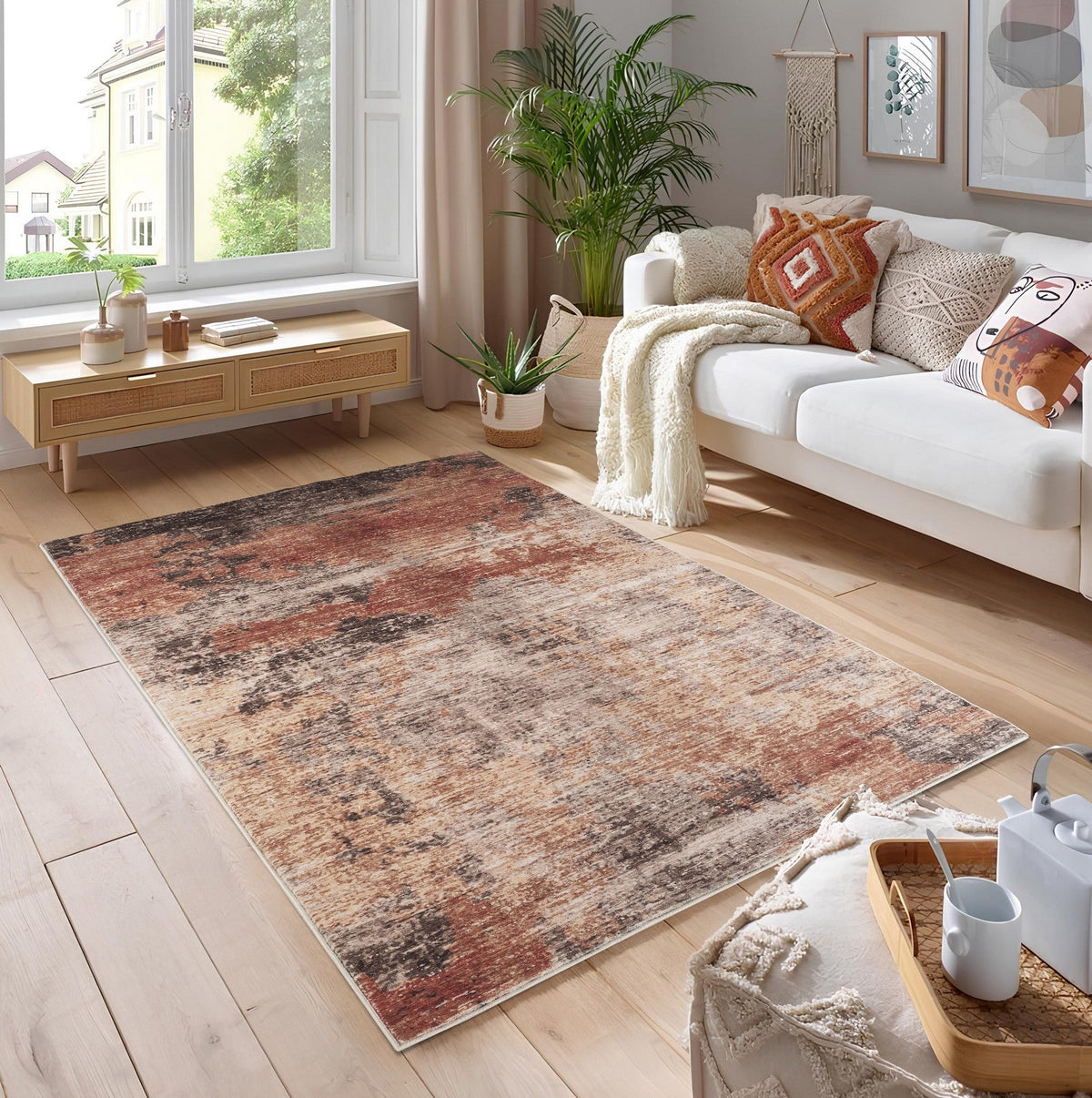 Jewel And Soft Abstract Pattern Polyester Rug by HouseOfZazla, rust and beige abstract motif on Tampa Home & Garden Store
