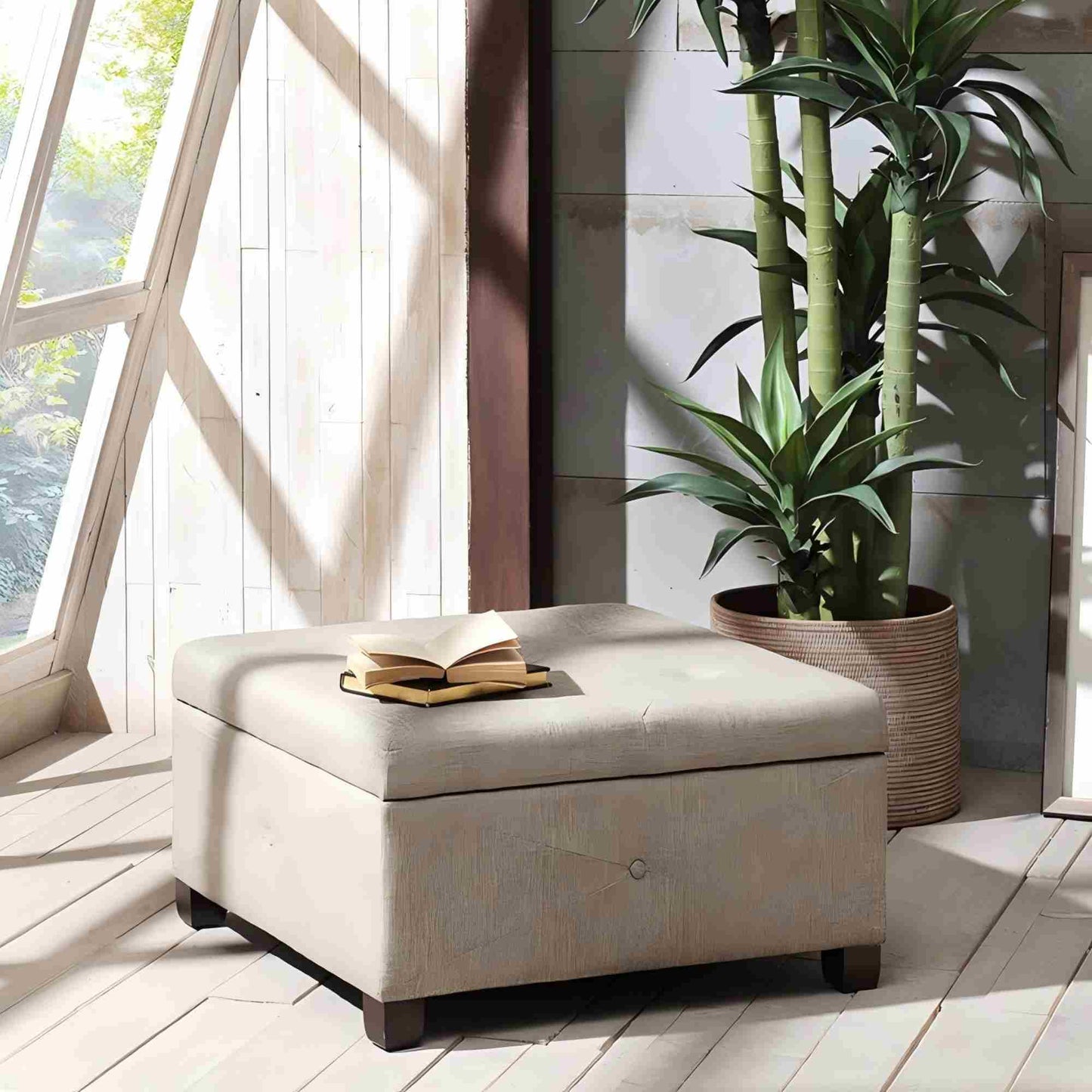 Aspen ottoman storage in light gray fabric with lid; open book on top beside plant in room on Tampa Home & Garden Store