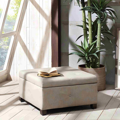 Aspen ottoman storage in light gray fabric with lid; open book on top beside plant in room on Tampa Home & Garden Store