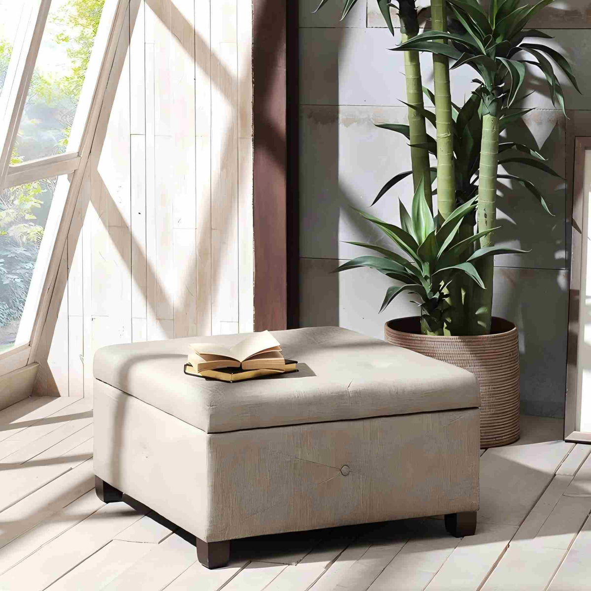 Aspen storage ottoman with soft-close lid in light brown upholstery; dark base with book on top on Tampa Home & Garden Store