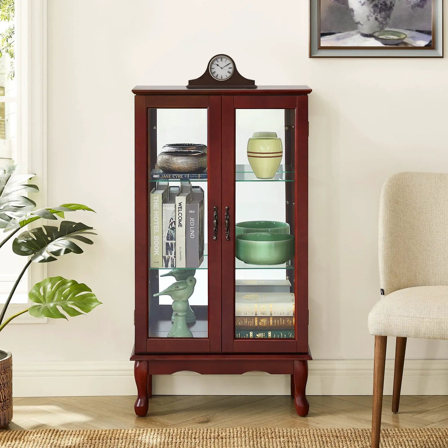 Curio cabinet with tempered glass doors, dark wood finish, 3-tier shelves and mirrored back on Tampa Home & Garden Store