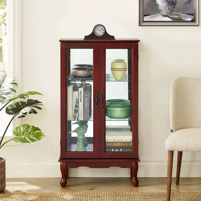 Curio cabinet with tempered glass doors, dark wood finish, 3-tier shelves and mirrored back on Tampa Home & Garden Store
