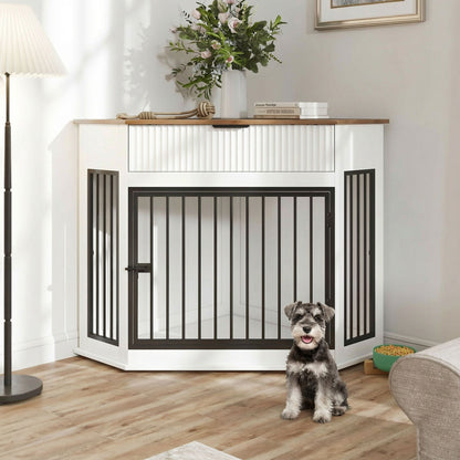 Corner dog crate by HouseOfZazla, black metal frame with white panels and wood top, dog nearby on Tampa Home & Garden Store