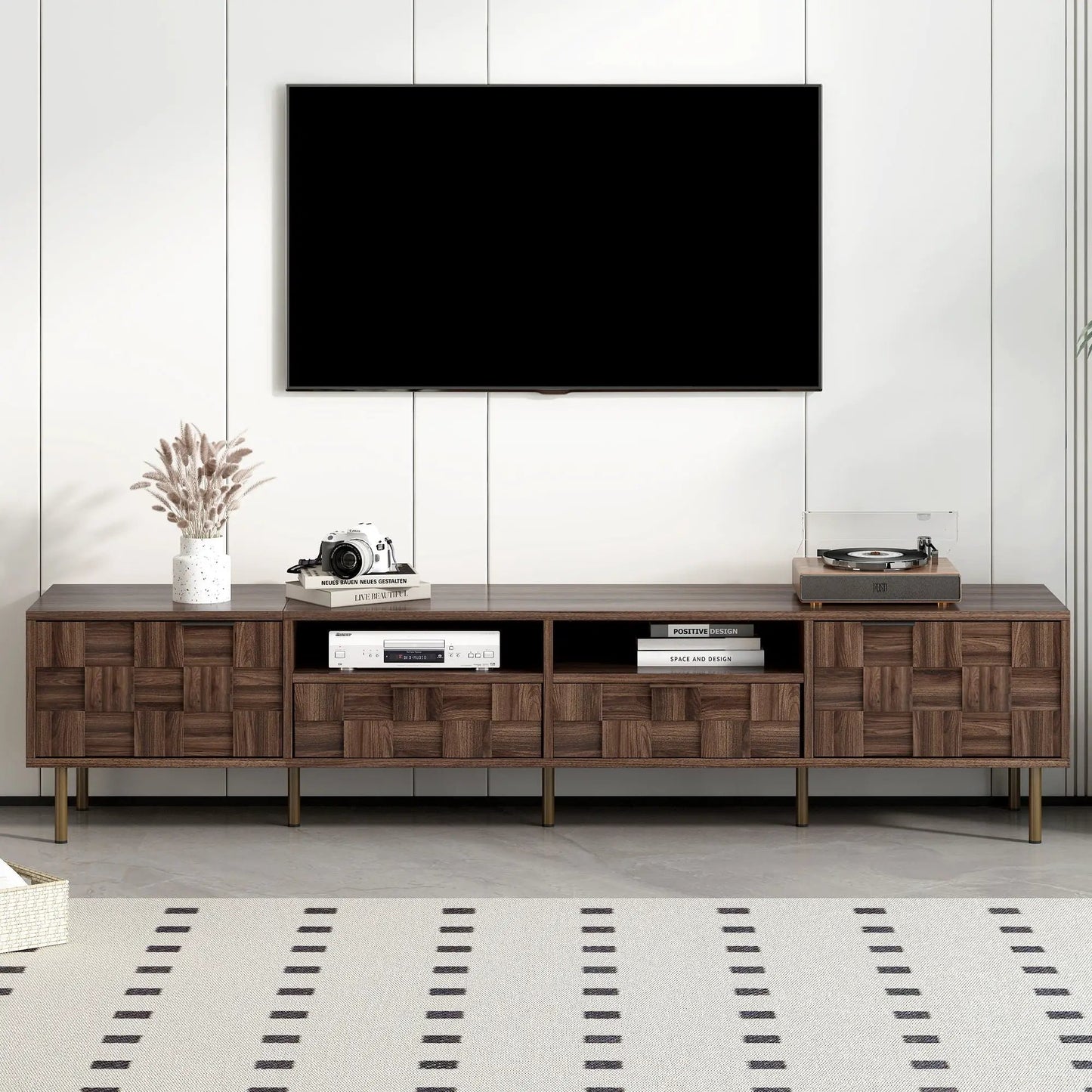 TV Stand with 2 Drawers and Cabinets Mid Century