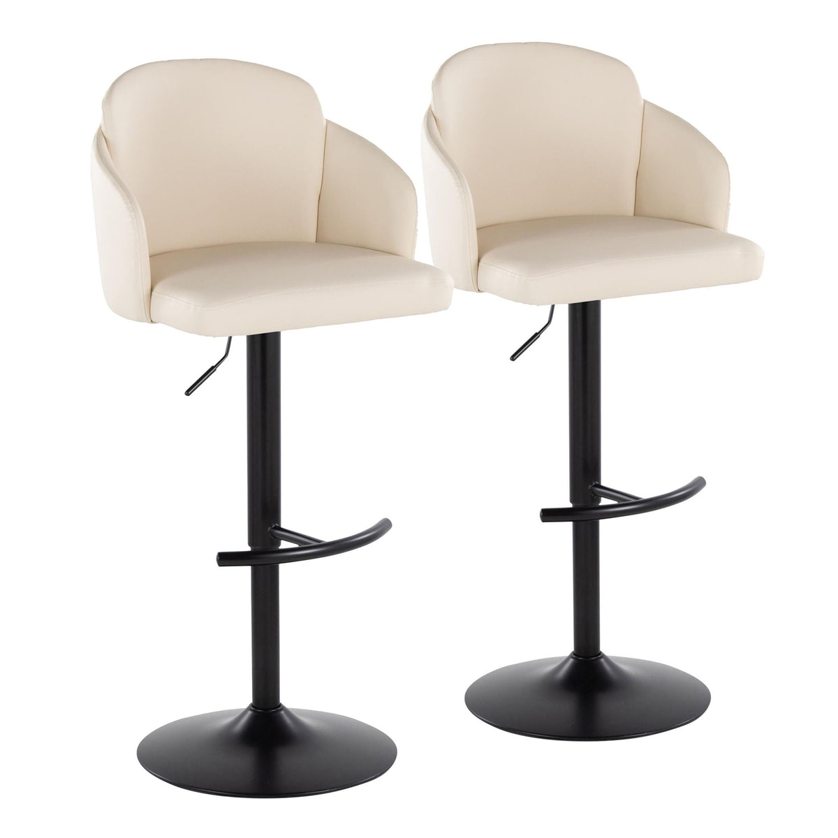 Contemporary adjustable barstool set with swivel, beige upholstery and black pedestals, 2 stools on Tampa Home & Garden Store