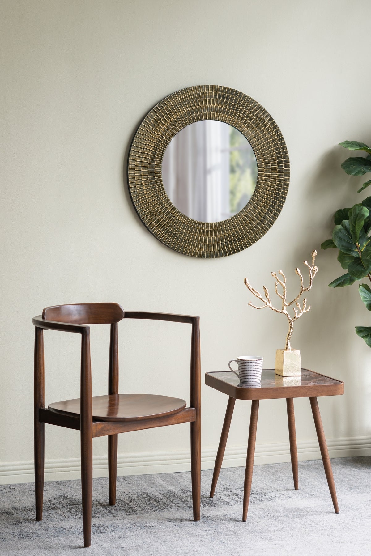 29.5in round gold and black wooden accent mirror with woven textured frame on Tampa Home & Garden Store