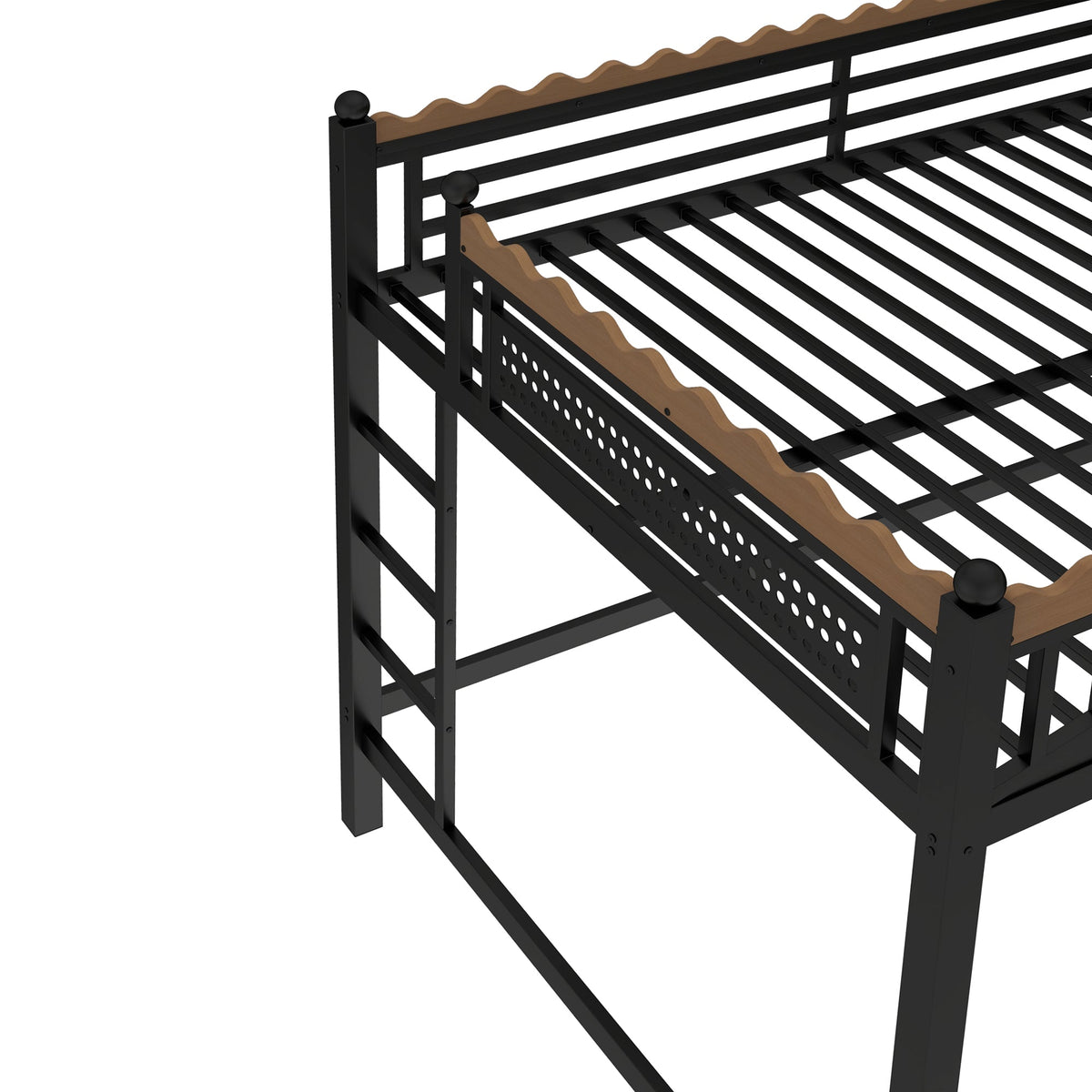 Queen Size Loft Bed with Ladders and Storage, black metal frame, wood rungs, storage panel on Tampa Home & Garden Store
