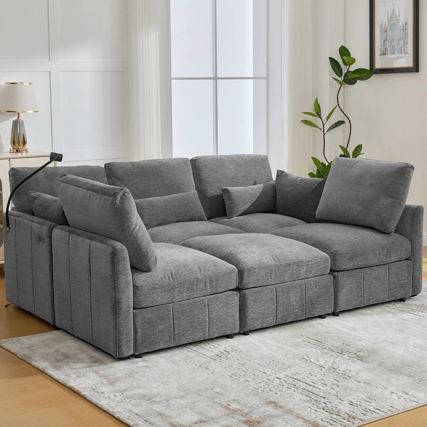 Modern modular U-shaped sofa bed with movable ottoman in gray fabric on Tampa Home & Garden Store