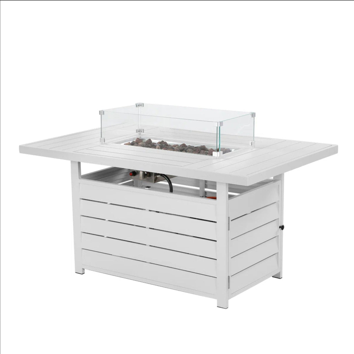 Rectangular propane fire pit table by HouseOfZazla with glass wind guard and white base on Tampa Home & Garden Store