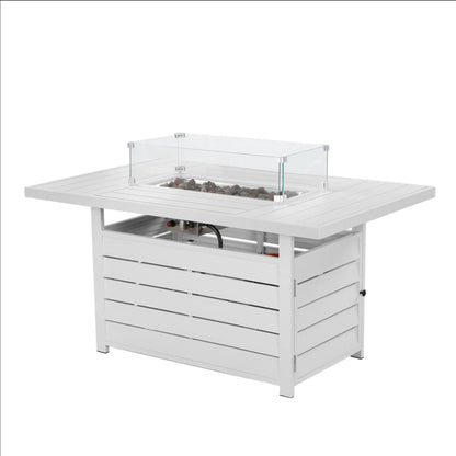 Rectangular propane fire pit table by HouseOfZazla with glass wind guard and white base on Tampa Home & Garden Store