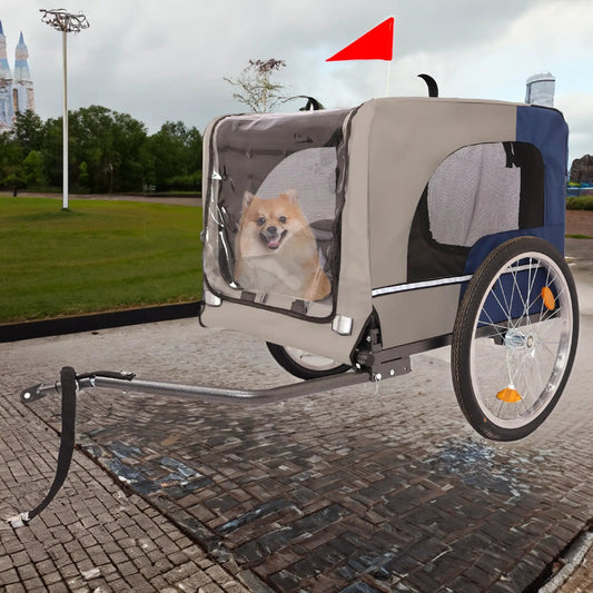Tangkula dog bike trailer with breathable mesh, gray fabric, dog visible inside, hitch for bike on Tampa Home & Garden Store