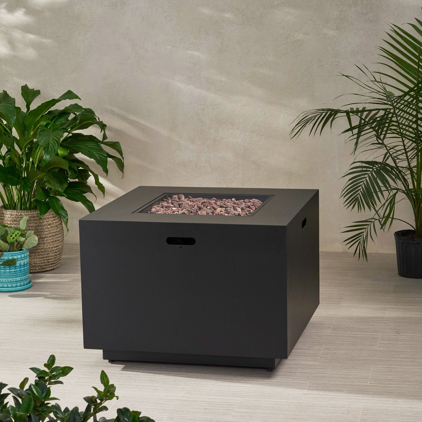 Outdoor Patio Propane Fire Pit by HouseOfZazla, square iron, black finish with lava rocks on Tampa Home & Garden Store