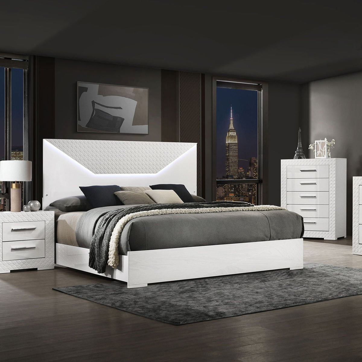 Pierce Panel Bed LED Headboard white finish with diamond-textured headboard lighting by HouseOfZazla on Tampa Home & Garden Store