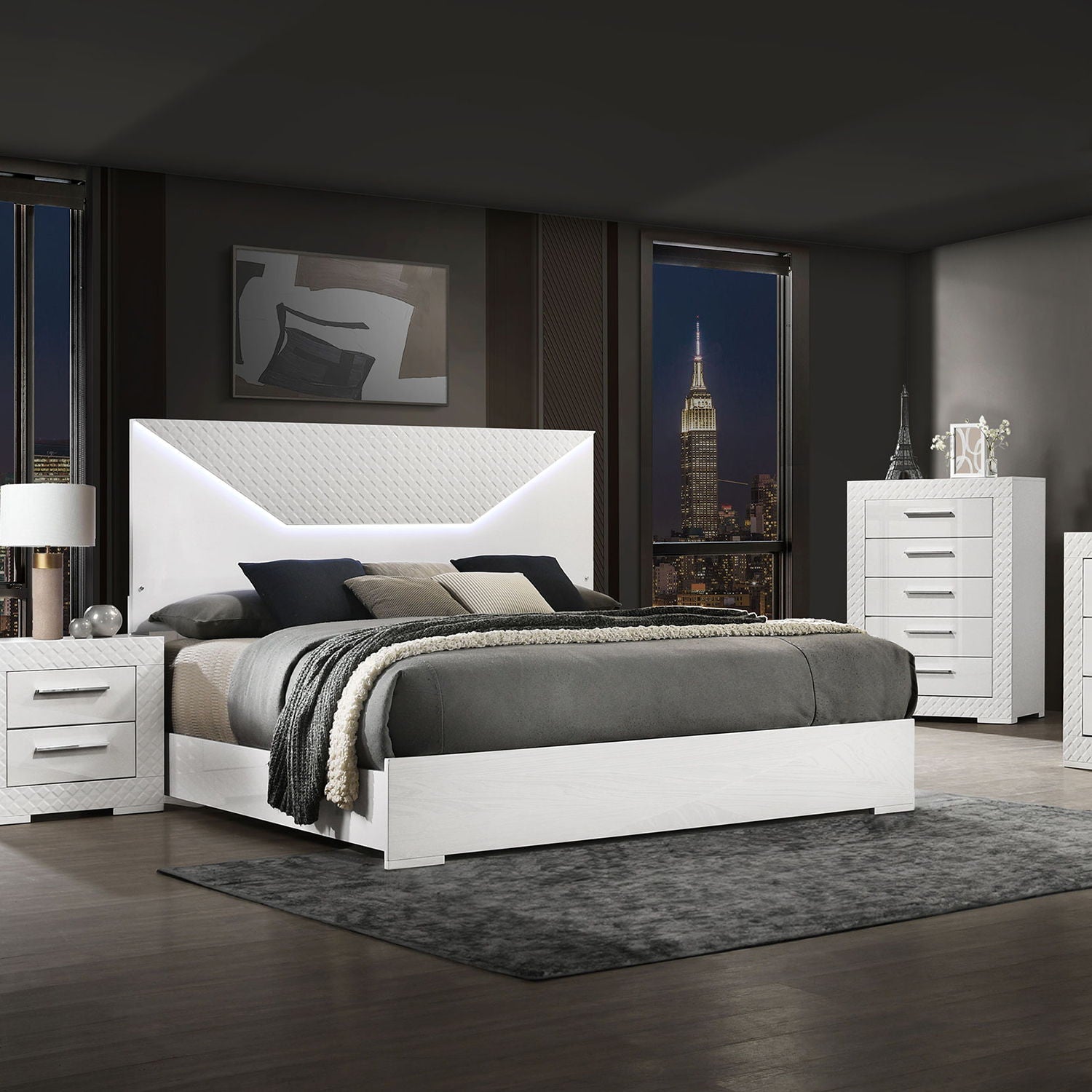 Pierce Panel Bed LED Headboard white finish with diamond-textured headboard lighting by HouseOfZazla on Tampa Home & Garden Store