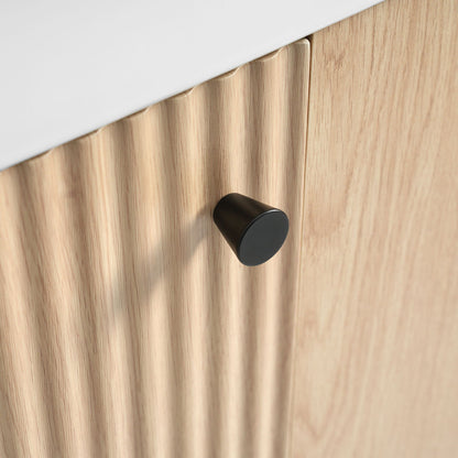 Bathroom vanity with white countertop and natural wood grain side panels, black faucet knob on Tampa Home & Garden Store