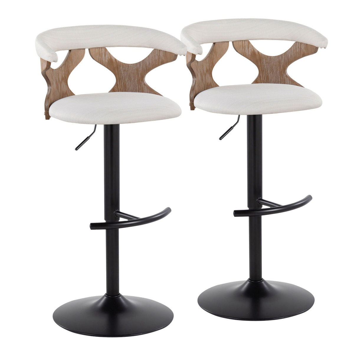 Contemporary adjustable barstool set of 2 with swivel and rounded T-footrest, white seats on Tampa Home & Garden Store
