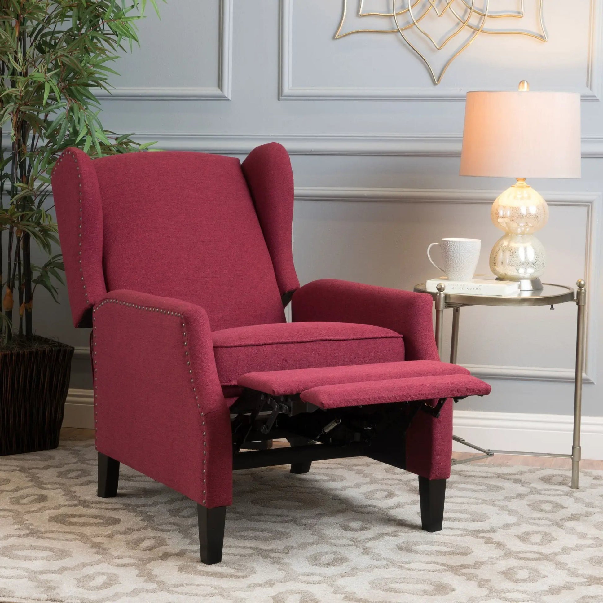 Westeros Wing Back Fabric Upholstered Recliner burgundy fabric with nailhead trim on Tampa Home & Garden Store