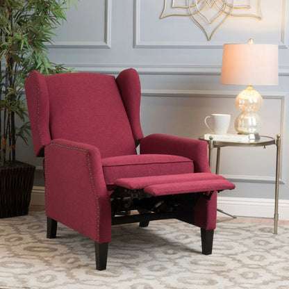 Westeros Wing Back Fabric Upholstered Recliner burgundy fabric with nailhead trim on Tampa Home & Garden Store