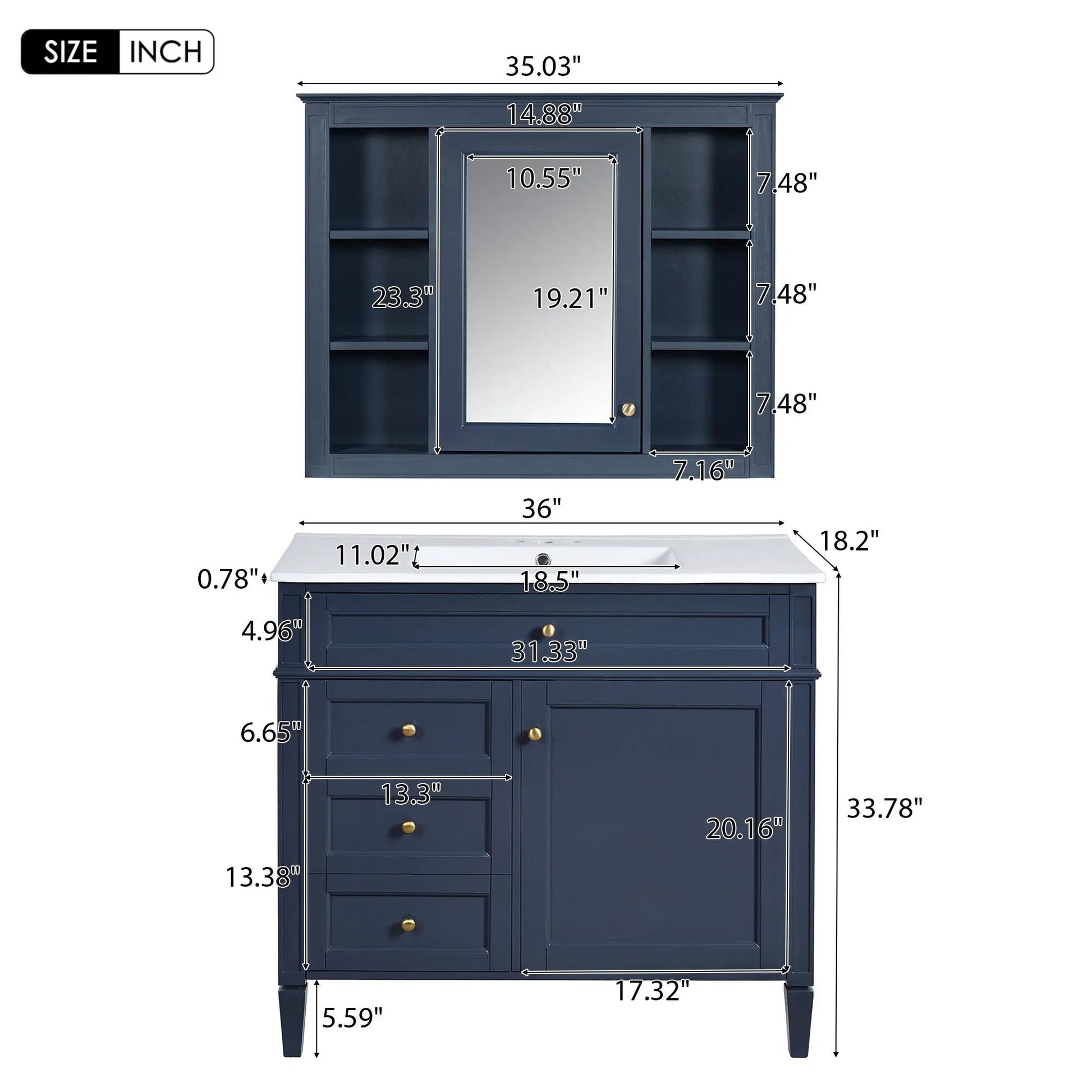 Bathroom vanity with mirror cabinet in navy, 2 soft-closing doors and 4 drawers on Tampa Home & Garden Store