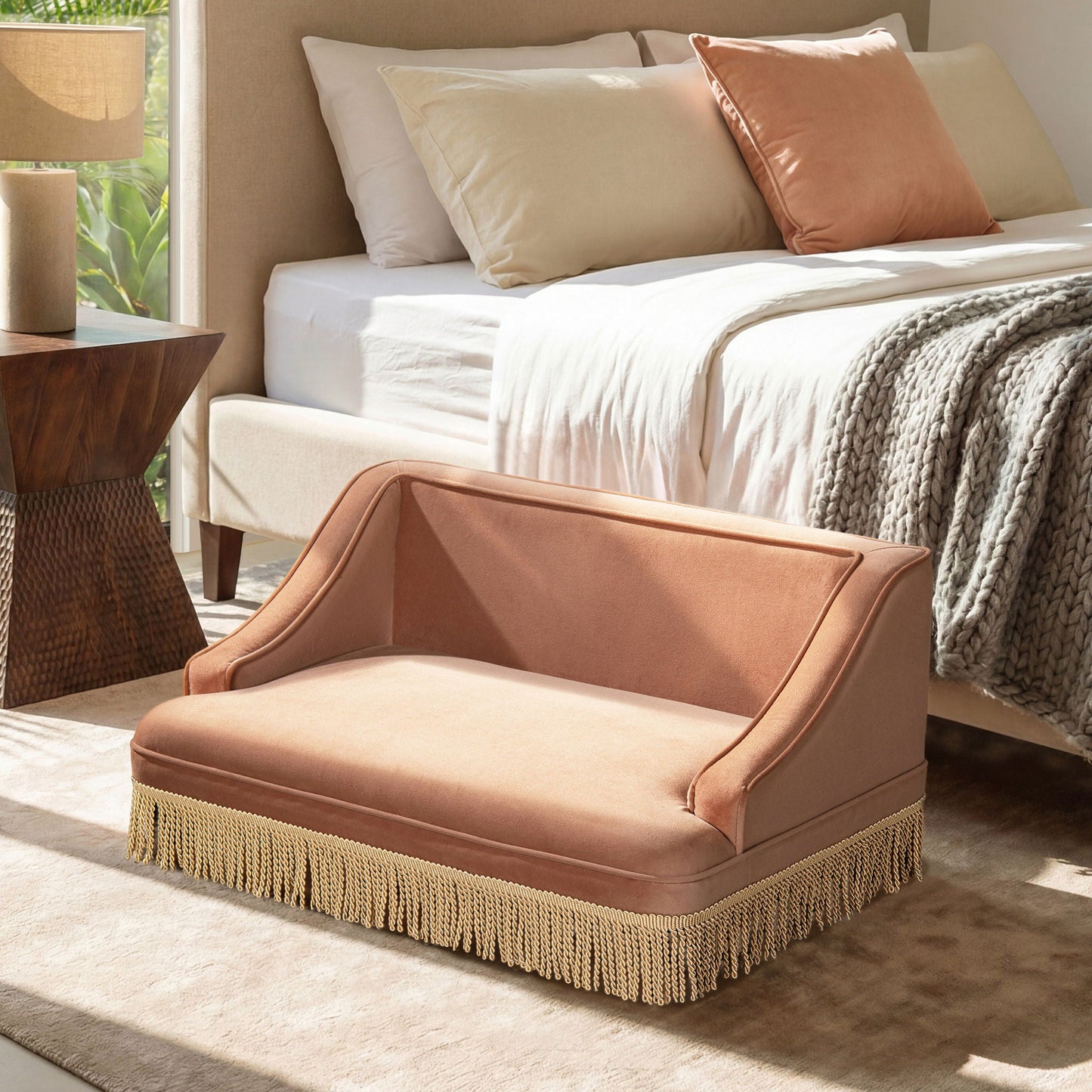 Duchess peach velvet pet bed sofa for cats with fringe trim by HouseOfZazla on Tampa Home & Garden Store