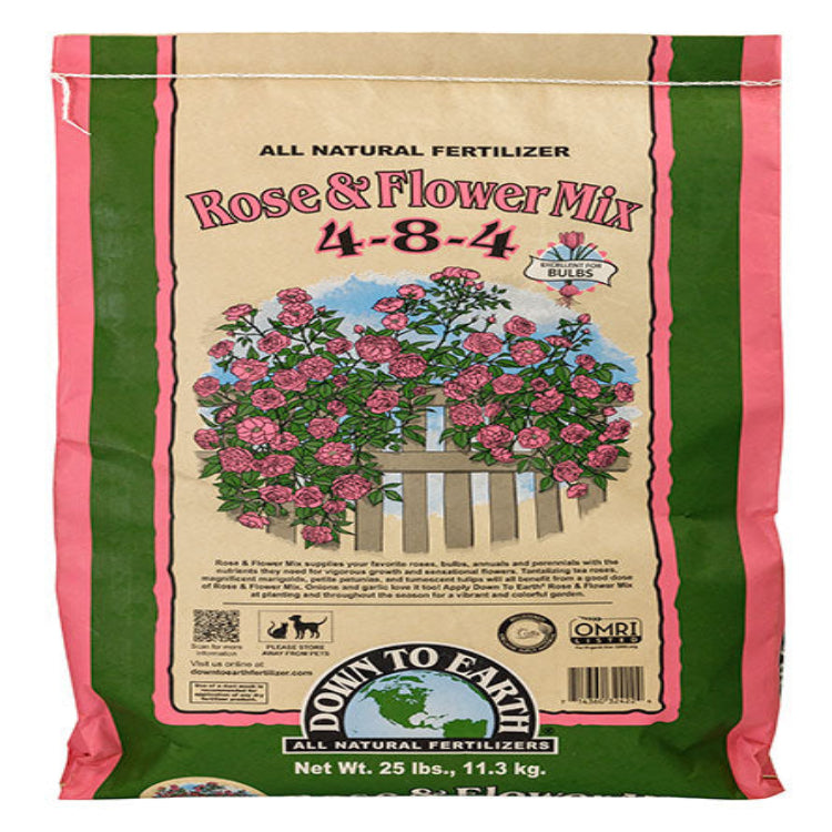 Down To Earth Rose & Flower Mix 4-8-4 all natural fertilizer bag pink-green design 25-lb on Tampa Home & Garden Store