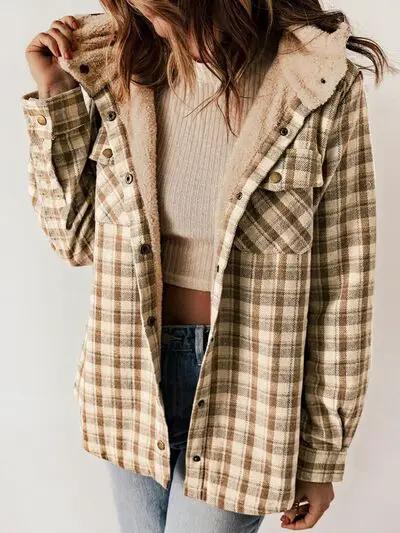 Plaid Snap Down Plush Hooded Jacket Women Warm