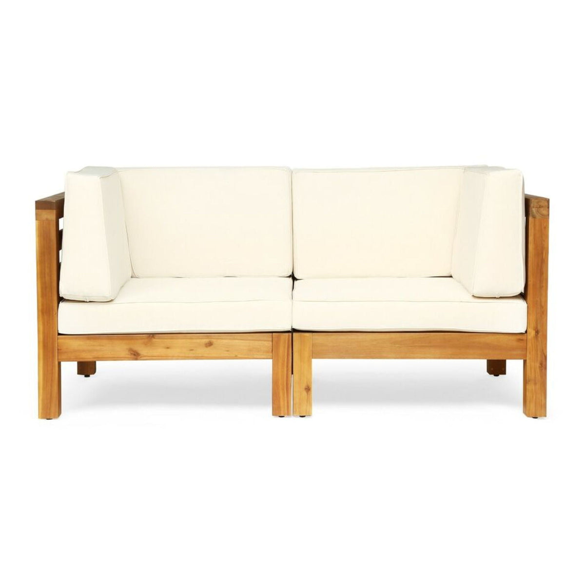 Oana 2-Piece Loveseat Set with white water-resistant cushions and wooden frame on Tampa Home & Garden Store