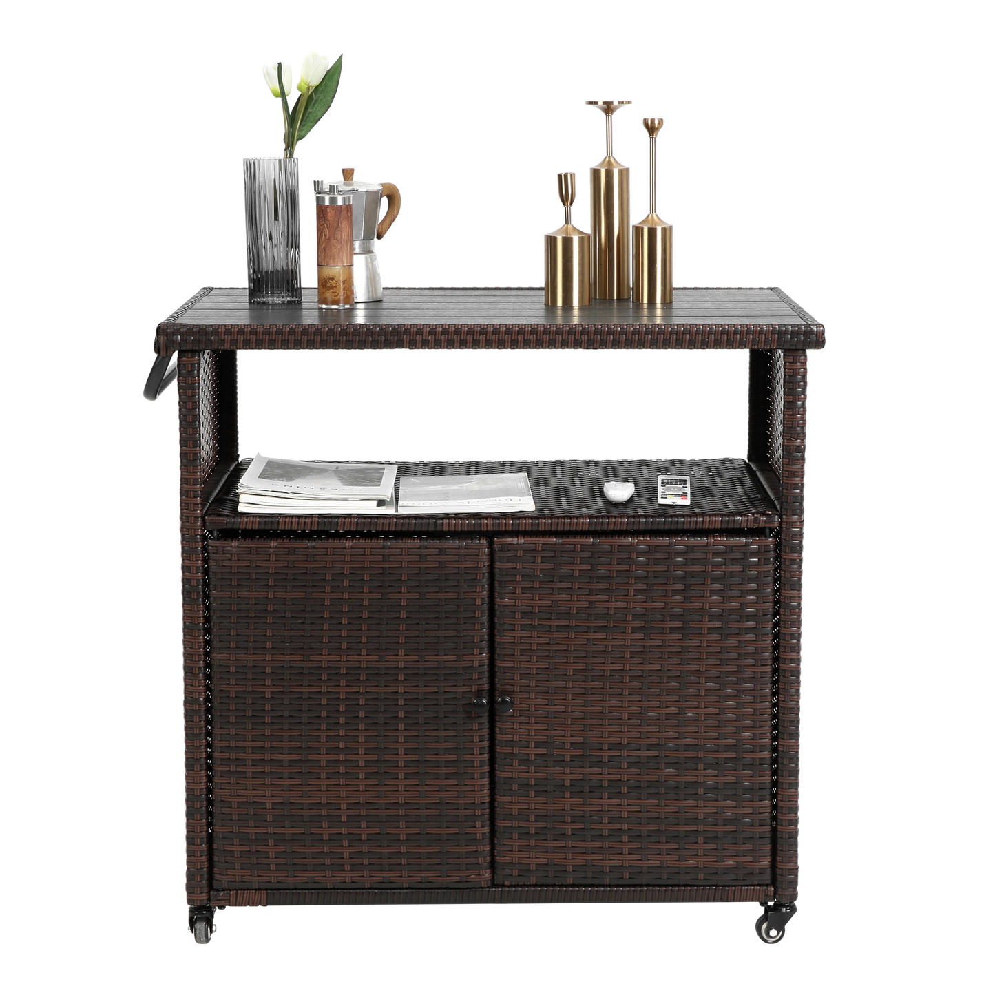 Outdoor wicker bar cart with glass top and wheels, light brown wicker, HouseOfZazla on Tampa Home & Garden Store