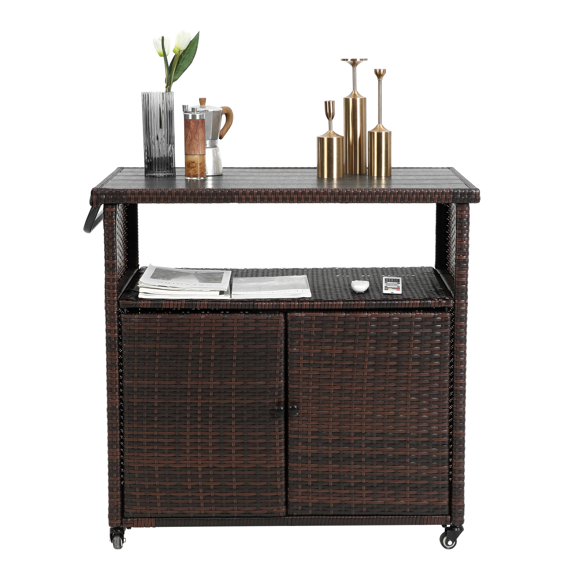 Outdoor wicker bar cart with glass top and wheels, light brown wicker, HouseOfZazla on Tampa Home & Garden Store