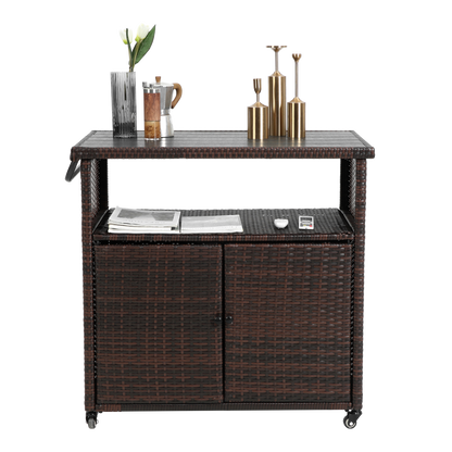 Outdoor wicker bar cart with glass top and wheels, light brown wicker, HouseOfZazla on Tampa Home & Garden Store