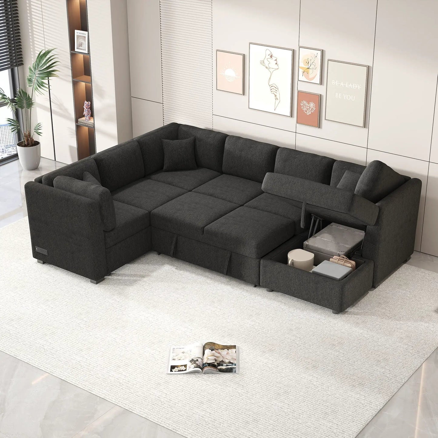 U-shaped sleeper sectional sofa with storage chaise gray fabric USB ports and power sockets on Tampa Home & Garden Store