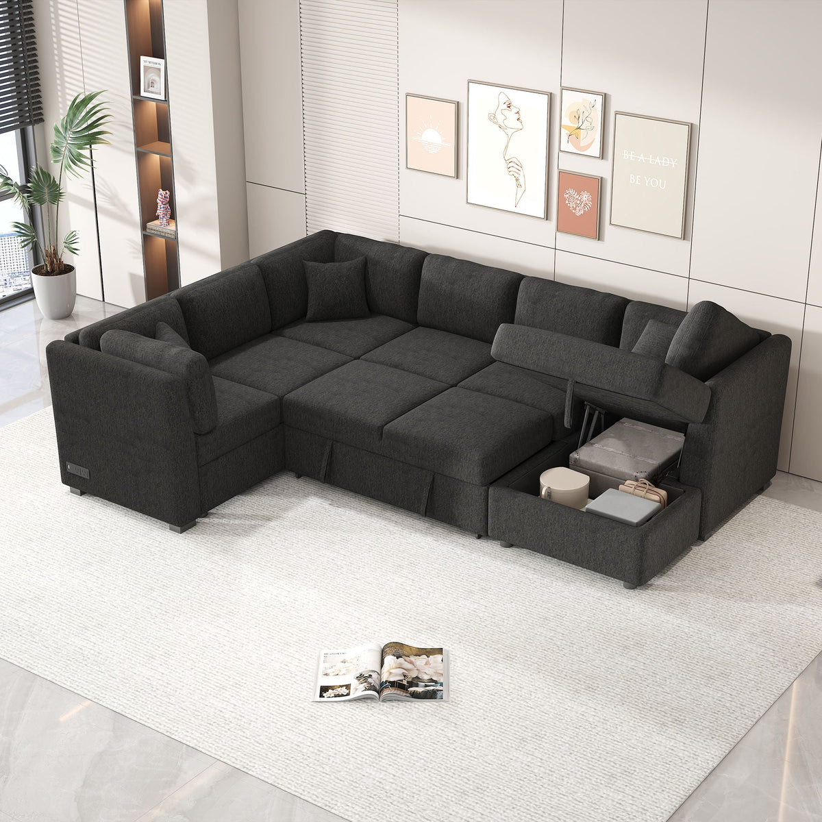 U-Shaped sleeper sectional in charcoal fabric with storage chaise, pull-out bed, USB ports on Tampa Home & Garden Store